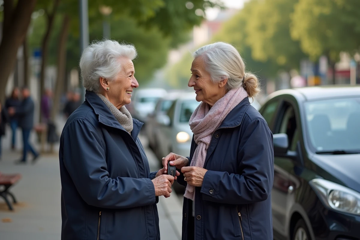 Femme âgée échangeant un regard avec sa fille près de la voiture