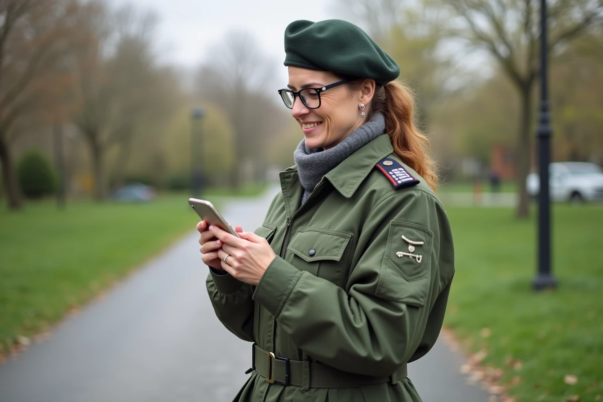 Femme gendarme utilisant son smartphone en plein air