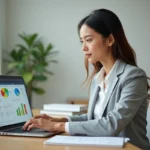 Femme professionnelle gérant ses comptes et budgets sur un tableau de bord numérique depuis son bureau à domicile
