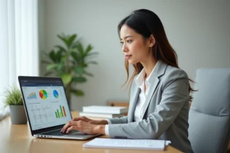 Femme professionnelle gérant ses comptes et budgets sur un tableau de bord numérique depuis son bureau à domicile