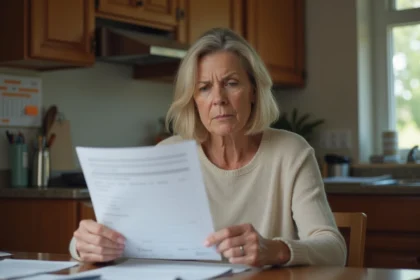 Femme d'âge moyen vérifiant des factures à la maison