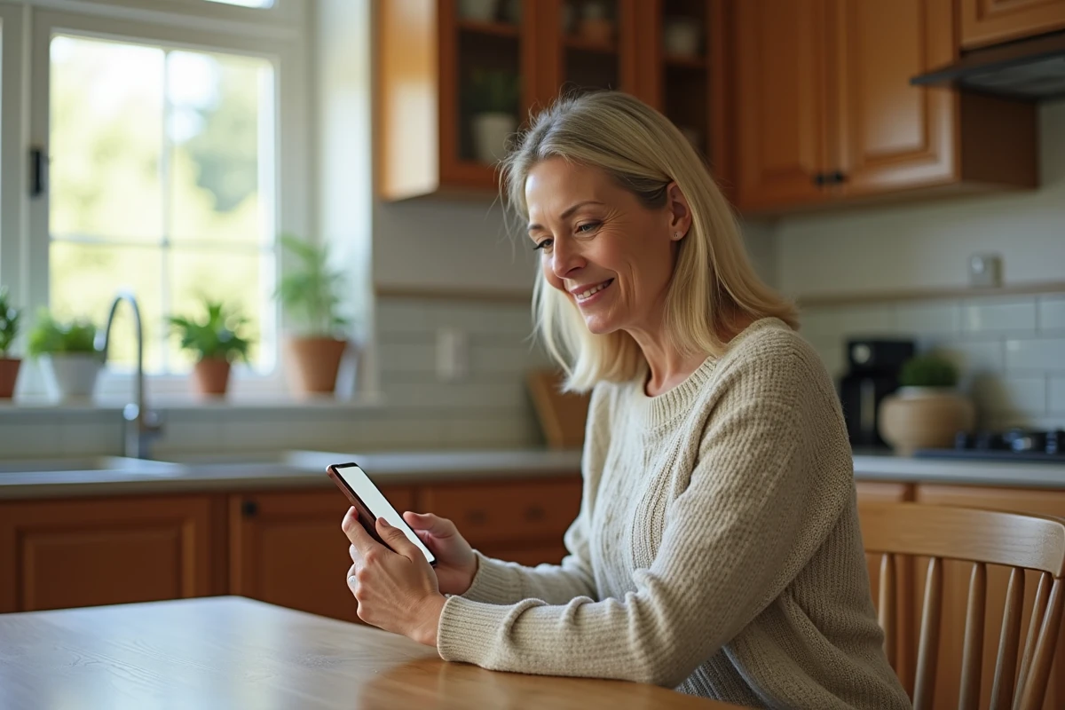 Femme relaxant avec smartphone dans sa cuisine lumineuse