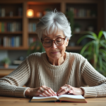Femme âgée lisant un livre dans une ambiance chaleureuse