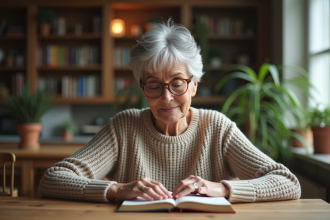 Femme âgée lisant un livre dans une ambiance chaleureuse