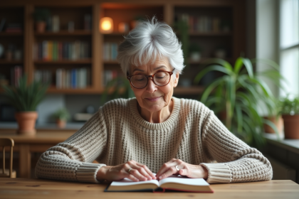 Femme âgée lisant un livre dans une ambiance chaleureuse