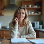 Femme d'âge moyen réfléchissant à ses documents dans la cuisine