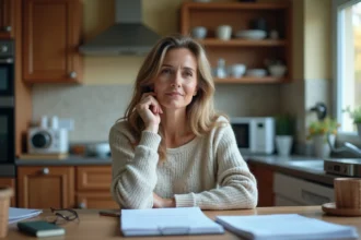 Femme d'âge moyen réfléchissant à ses documents dans la cuisine