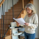 Femme examinant un manuel de monte-escalier dans une maison moderne