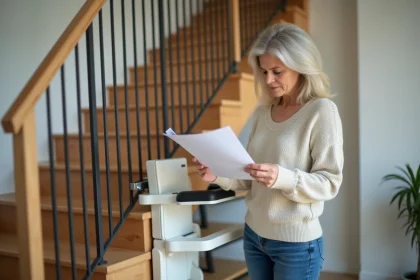 Femme examinant un manuel de monte-escalier dans une maison moderne