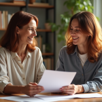 Femme d'âge moyen remettant un document à sa fille dans un salon chaleureux