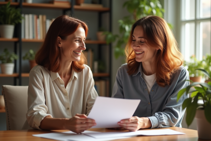 Femme d'âge moyen remettant un document à sa fille dans un salon chaleureux