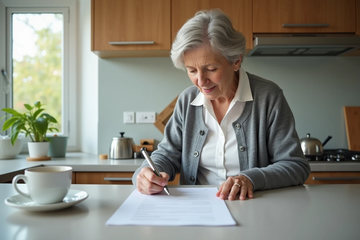 Femme médecin retraitée annotant un modèle d'ordonnance dans sa cuisine