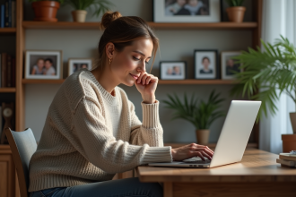 Femme concentrée utilisant son ordinateur à la maison