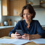 Femme d'âge moyen utilisant un smartphone dans une cuisine moderne