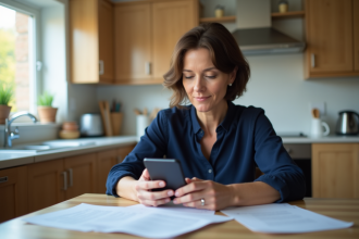 Femme d'âge moyen utilisant un smartphone dans une cuisine moderne