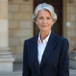 Femme politique française en veste bleue devant un bâtiment institutionnel, évoquant les mandats et la retraite des élus