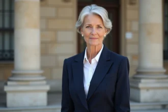 Femme politique française en veste bleue devant un bâtiment institutionnel, évoquant les mandats et la retraite des élus