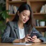 Jeune femme professionnelle utilisant l'application Proxima