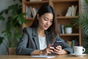 Jeune femme professionnelle utilisant l'application Proxima