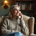 Femme assise avec téléphone vintage dans un salon chaleureux