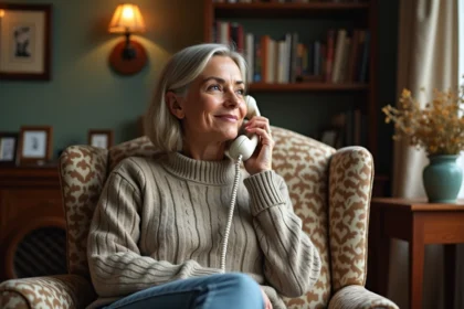 Femme assise avec téléphone vintage dans un salon chaleureux