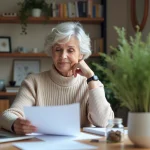 Femme retraitée lisant ses documents de retraite dans un intérieur chaleureux