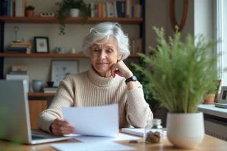 Femme retraitée lisant ses documents de retraite dans un intérieur chaleureux