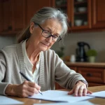 Femme âgée lisant des documents de retraite dans la cuisine