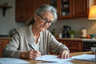 Femme âgée lisant des documents de retraite dans la cuisine