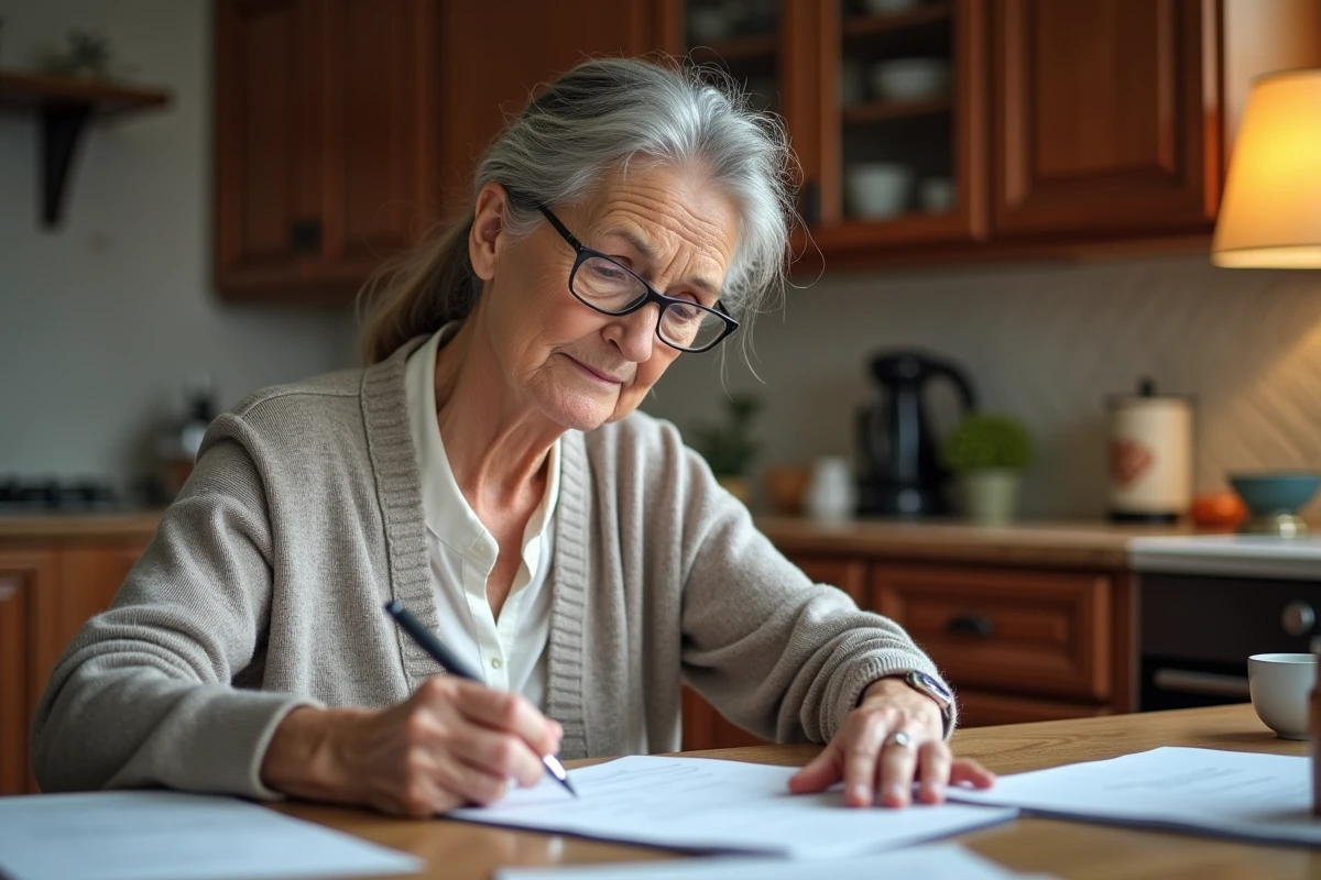 Femme âgée lisant des documents de retraite dans la cuisine