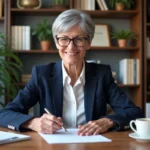 Femme senior signant une lettre de retraite dans son bureau