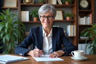 Femme senior signant une lettre de retraite dans son bureau
