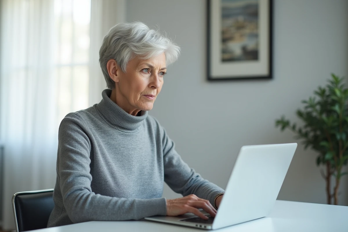 Femme retraitée consultant son relevé de retraite complémentaire Agirc-Arrco sur ordinateur