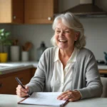 Femme souriante vérifiant une liste de soins pour personnes âgées