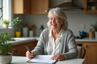 Femme souriante vérifiant une liste de soins pour personnes âgées