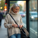 Femme souriante attachant un alarmes personnel à son sac