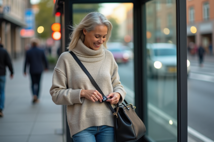 Femme souriante attachant un alarmes personnel à son sac