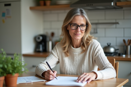 Femme d'âge moyen remplissant un formulaire médical à la maison