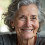Femme senior souriante avec appareil auditif dans un salon lumineux