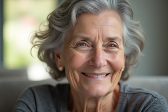 Femme senior souriante avec appareil auditif dans un salon lumineux