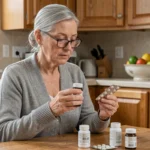 Femme âgée lisant l'étiquette d'un complément alimentaire Bion 3 Senior avec ses médicaments sur ordonnance posés sur une table de cuisine en bois