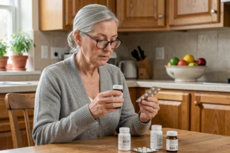 Femme âgée lisant l'étiquette d'un complément alimentaire Bion 3 Senior avec ses médicaments sur ordonnance posés sur une table de cuisine en bois