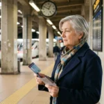 Femme senior tenant une carte de réduction SNCF sur un quai de gare en France