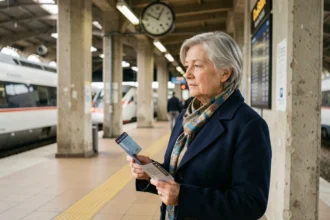 Femme senior tenant une carte de réduction SNCF sur un quai de gare en France