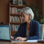 Femme senior utilisant son compte Agirc Arrco en ligne via France Connect sur un ordinateur portable à domicile