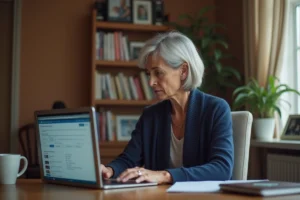 Femme senior utilisant son compte Agirc Arrco en ligne via France Connect sur un ordinateur portable à domicile