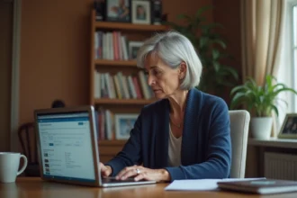 Femme senior utilisant son compte Agirc Arrco en ligne via France Connect sur un ordinateur portable à domicile