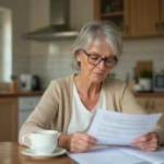 Femme senior examinant des documents d'aide à domicile dans une cuisine française, illustrant les nouvelles aides LOGISFIL 2026