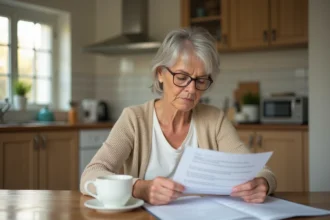 Femme senior examinant des documents d'aide à domicile dans une cuisine française, illustrant les nouvelles aides LOGISFIL 2026