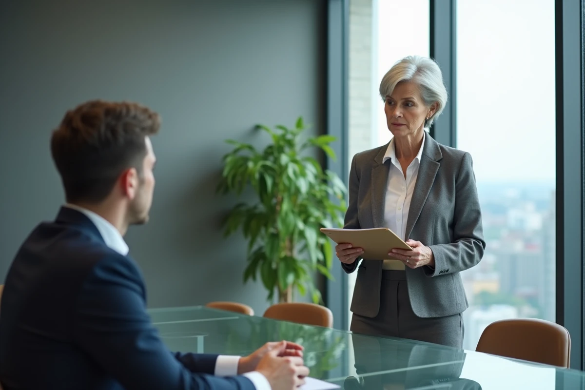 Femme senior en entretien professionnel discutant d'un CDI senior avec une responsable RH dans une salle de réunion d'entreprise